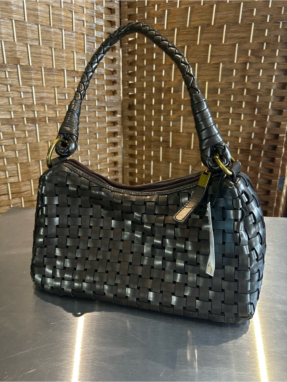 Nine West Bronze Woven Faux Leather Hobo Shoulder Bag Braided Strap NWT